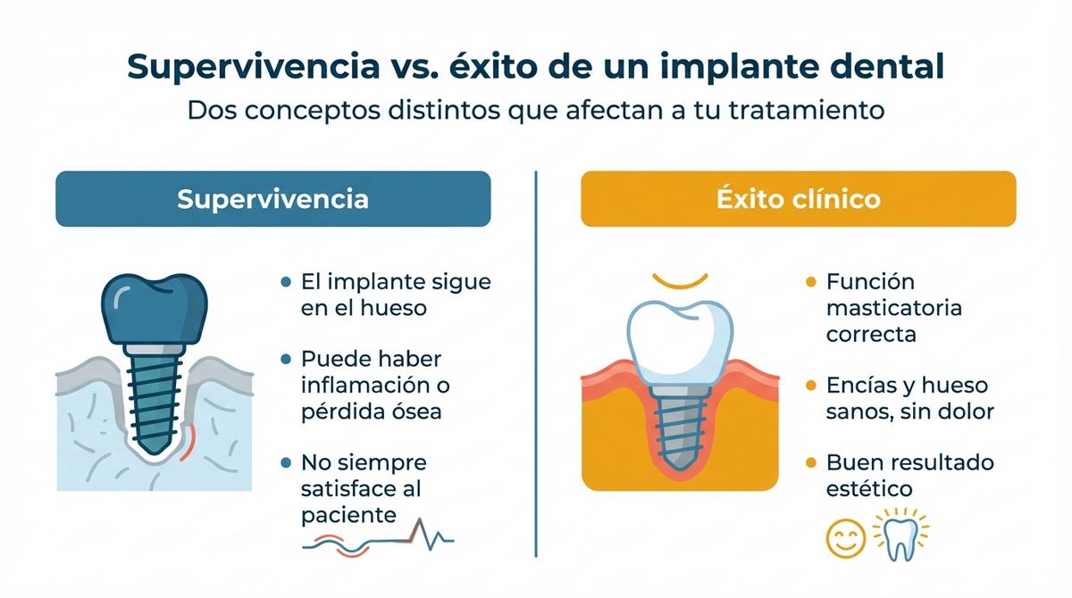 Diagrama comparativo que diferencia la supervivencia de un implante dental del éxito clínico del tratamiento