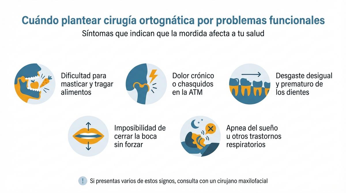 Diagrama con lista de síntomas funcionales que pueden indicar necesidad de cirugía ortognática.