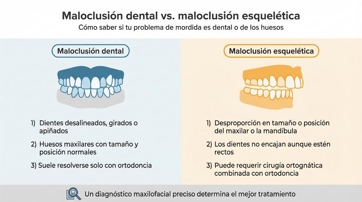 Infografía comparativa entre maloclusión dental y maloclusión esquelética con iconos de maxilares y dientes.