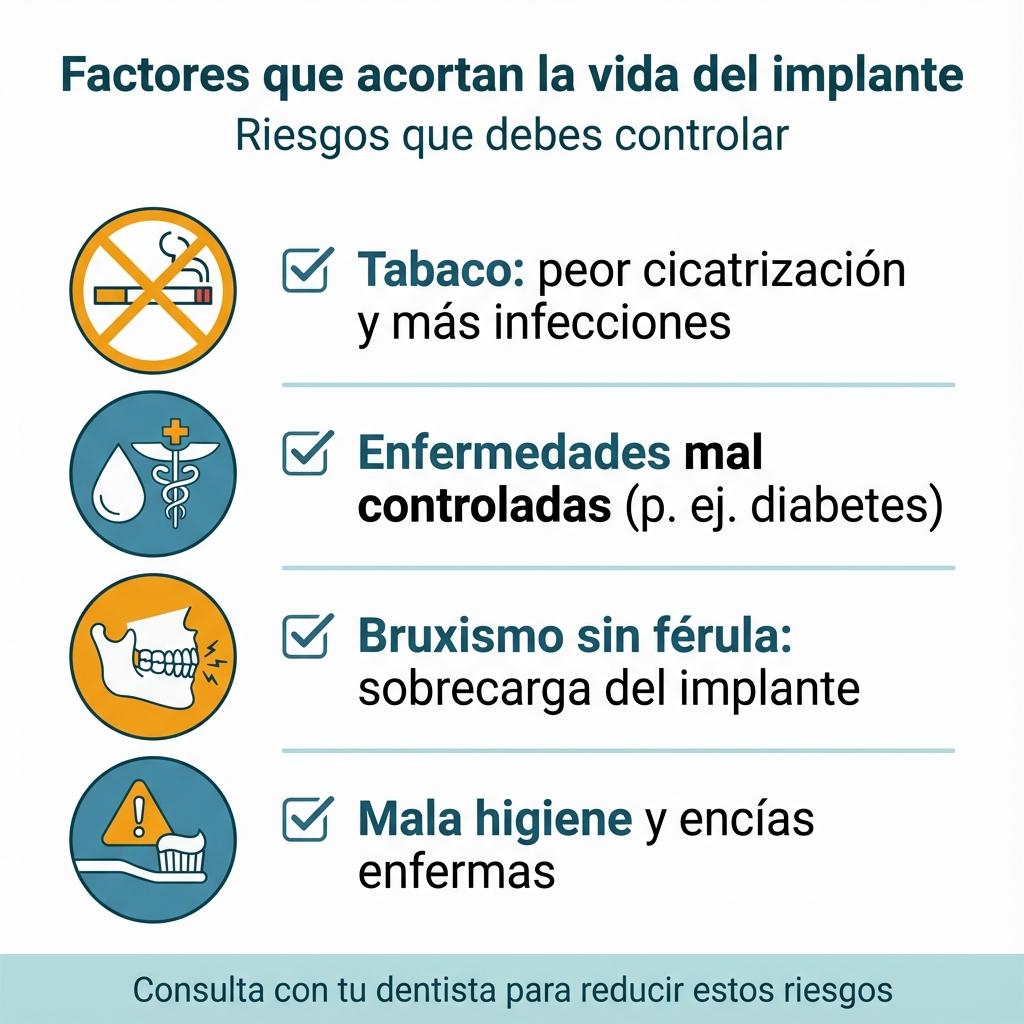 Infografía con los factores de riesgo principales que reducen la vida útil de los implantes dentales