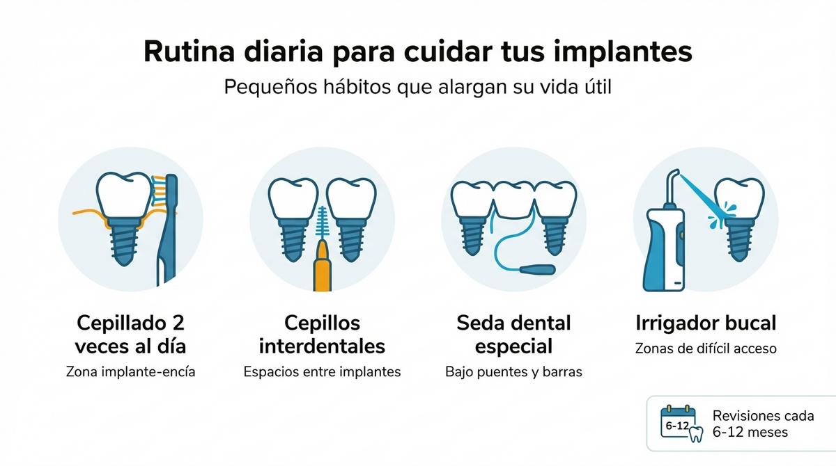 Infografía con los pasos básicos de la rutina diaria de higiene para cuidar los implantes dentales
