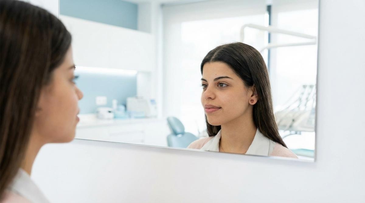 Paciente adulta observando su rostro de perfil en un espejo dentro de una clínica dental moderna.