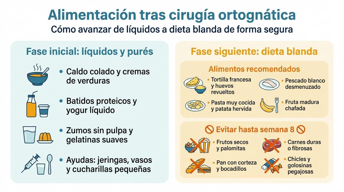 Diagrama circular que resume en cuatro pasos la higiene bucodental tras una cirugía ortognática
