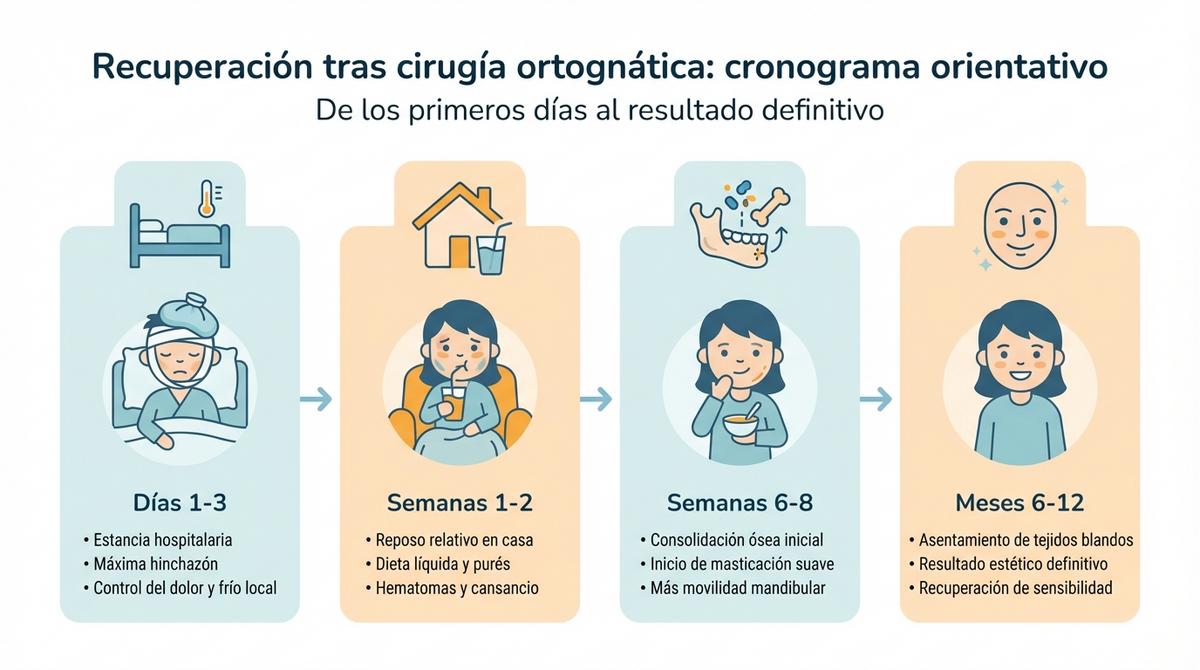 Infografía con línea de tiempo que resume las principales fases de la recuperación tras una cirugía ortognática