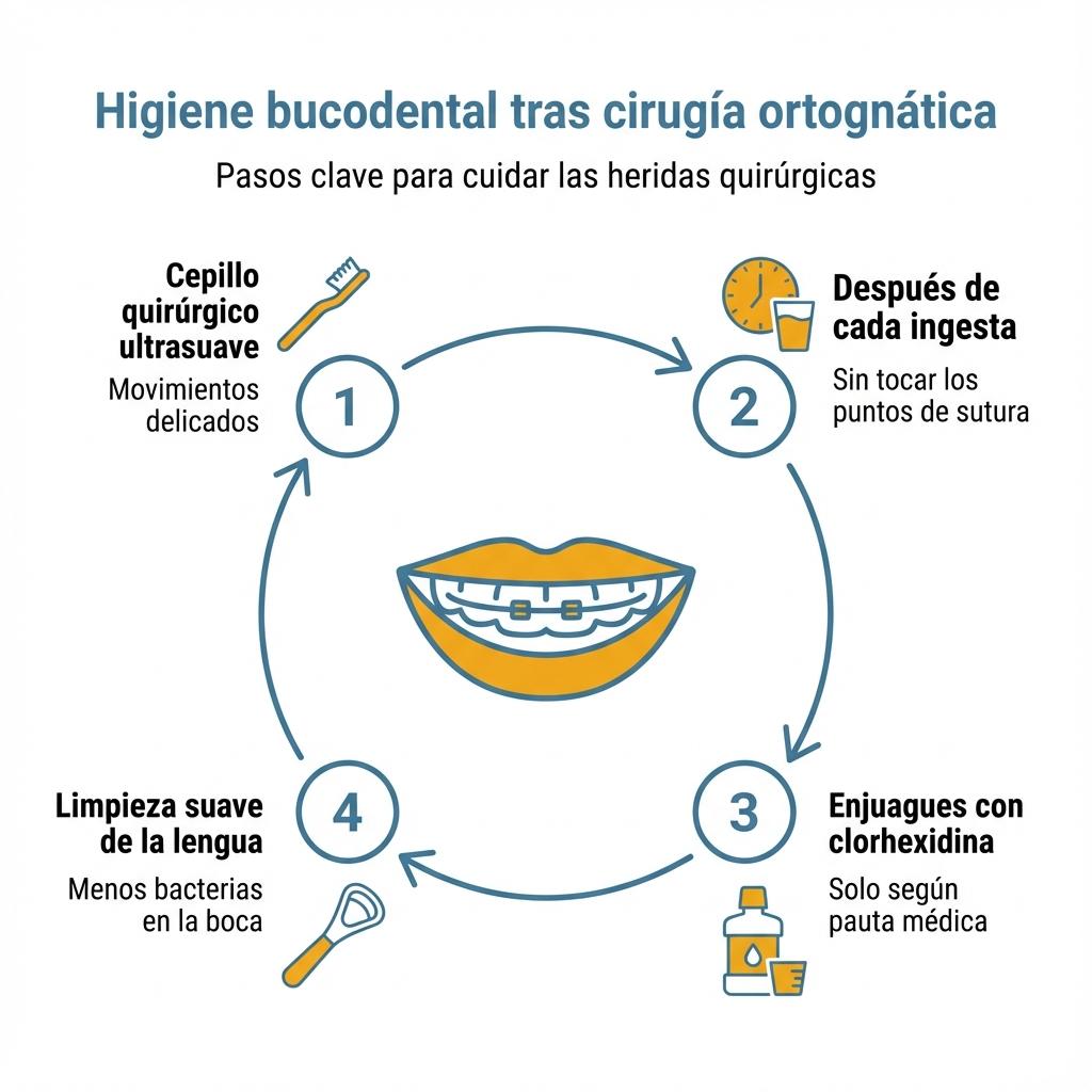 Infografía que muestra cuatro síntomas de alarma tras una cirugía ortognática que requieren consulta urgente