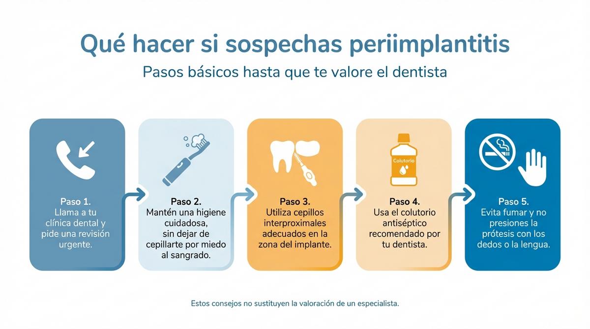 Infografía que resume las pruebas principales para diagnosticar la periimplantitis en una clínica dental