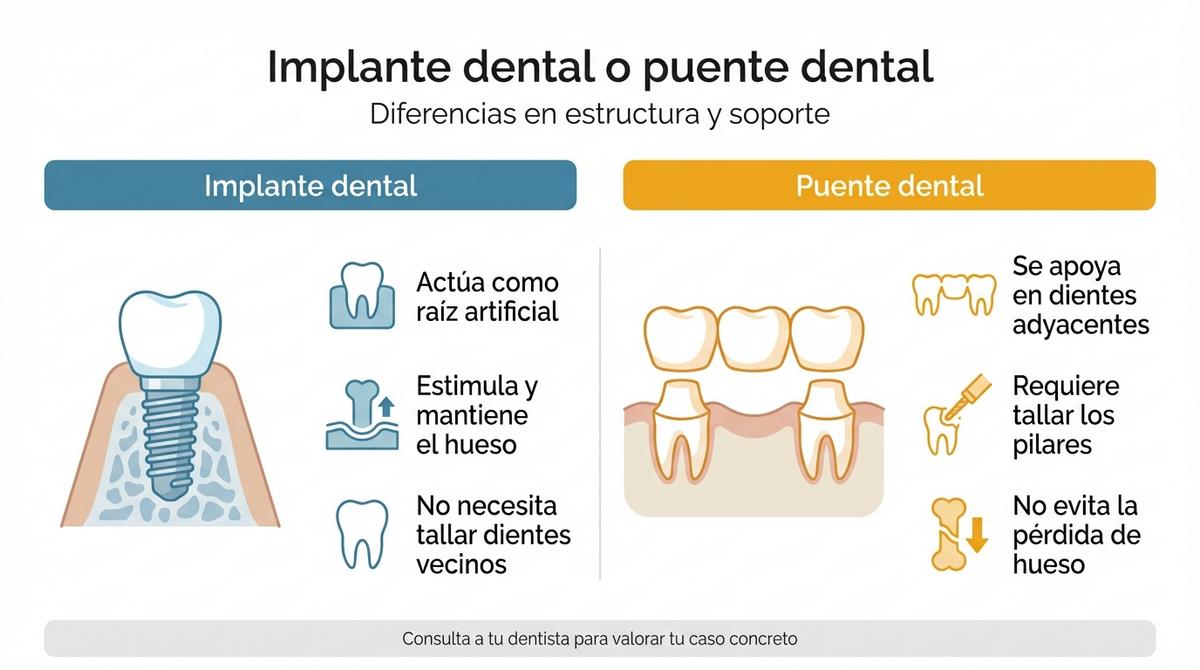 Diagrama comparativo que muestra las diferencias básicas entre un implante dental y un puente dental