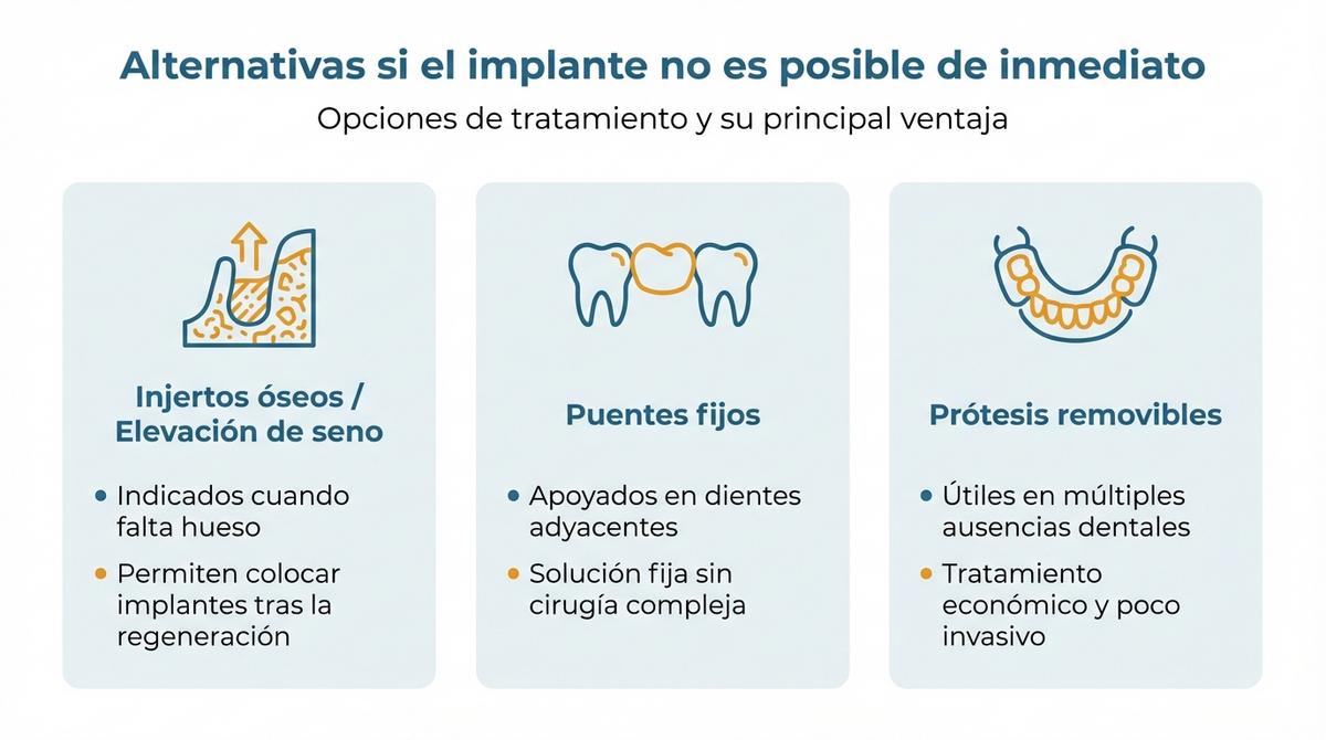 Infografía comparativa con tres alternativas de tratamiento cuando no se puede colocar un implante dental de forma inmediata