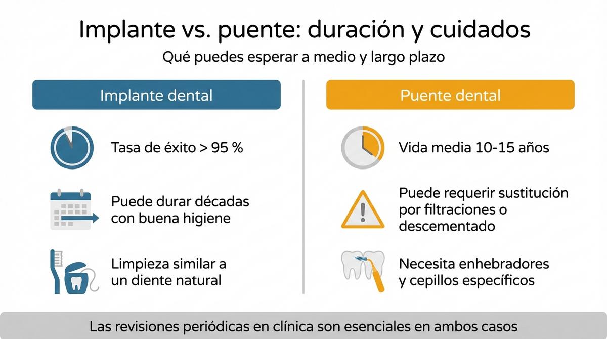 Infografía que compara duración y mantenimiento de un implante dental frente a un puente dental