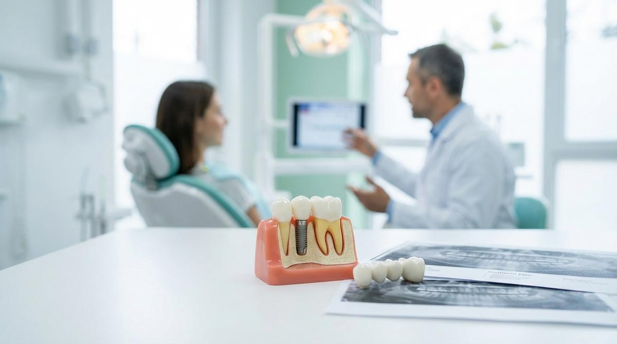 Modelo de mandíbula con implante dental y puente dental sobre una mesa en una clínica odontológica