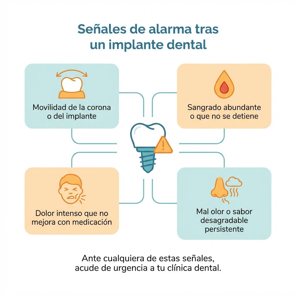 Diagrama que muestra las principales señales de alarma tras un implante dental como dolor intenso o sangrado anormal