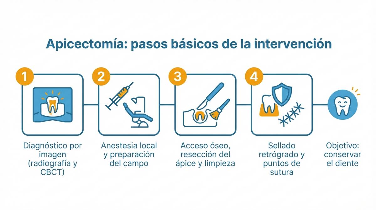 Infografía con línea de tiempo que resume las fases principales de la intervención de apicectomía.