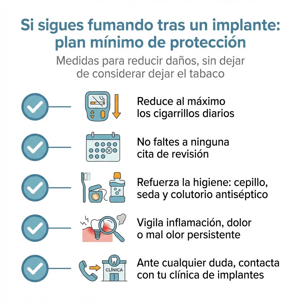 Infografía con un checklist de cuidados mínimos si el paciente sigue fumando tras un implante dental