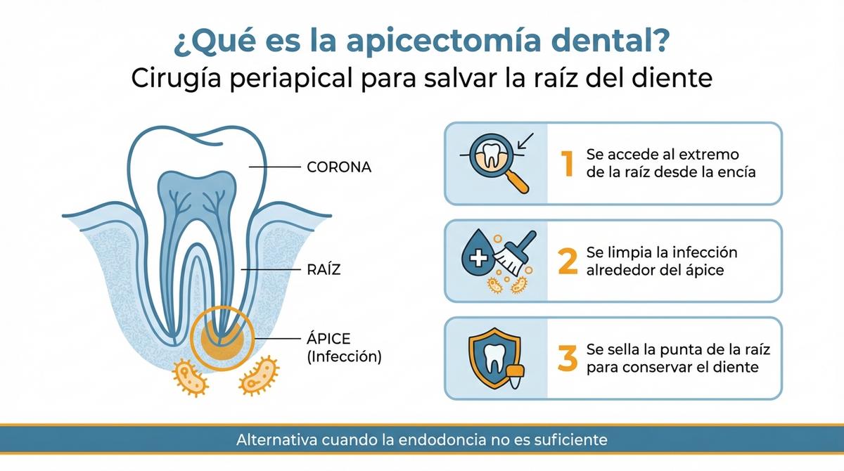 Infografía que explica de forma visual en qué consiste la apicectomía dental y los pasos básicos de la cirugía periapical.
