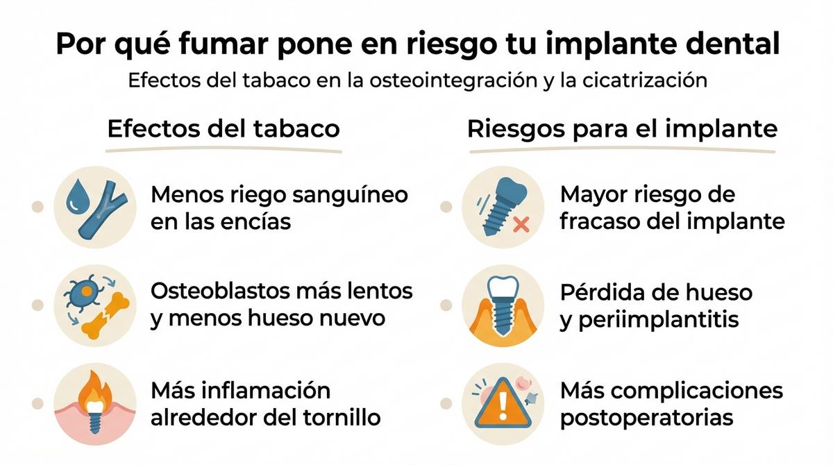 Infografía que resume los efectos del tabaco sobre la osteointegración y el riesgo de fracaso del implante dental