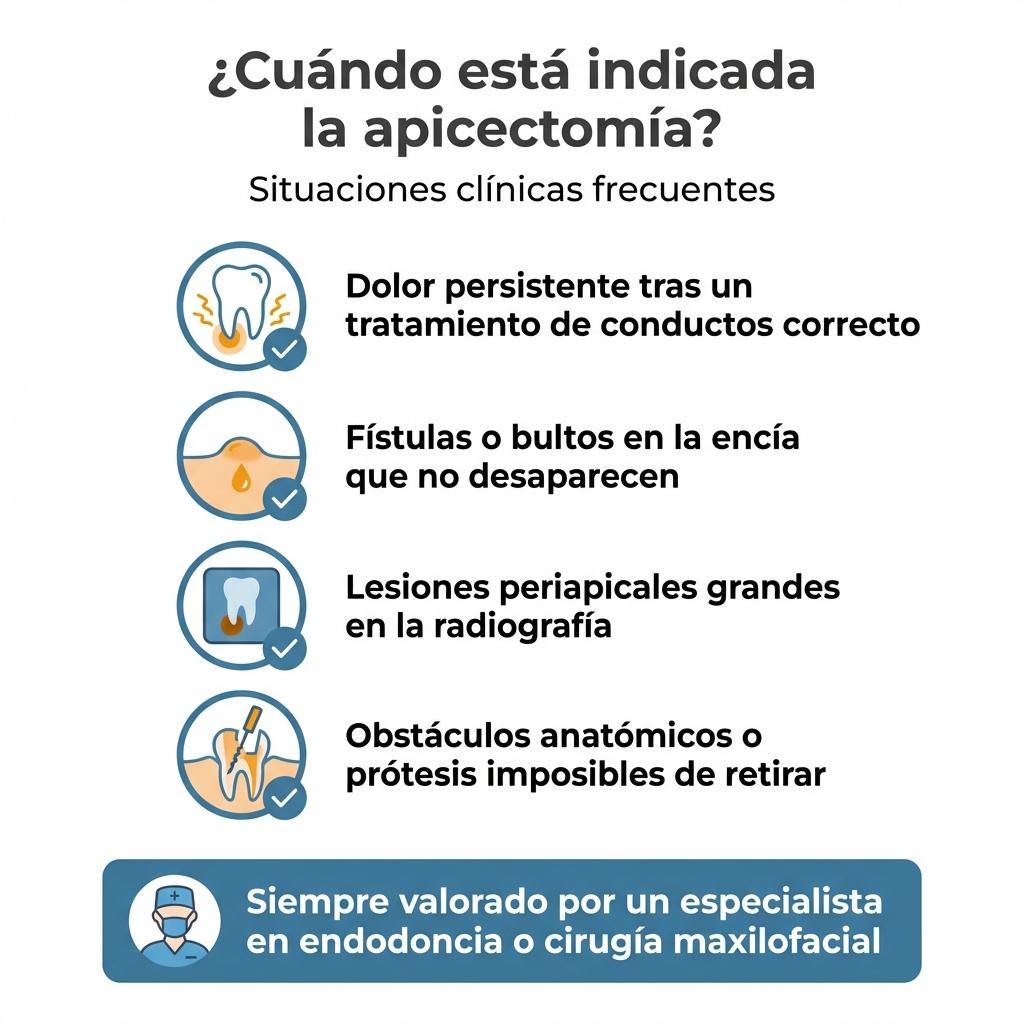 Infografía tipo checklist con las principales situaciones clínicas en las que se indica una apicectomía.