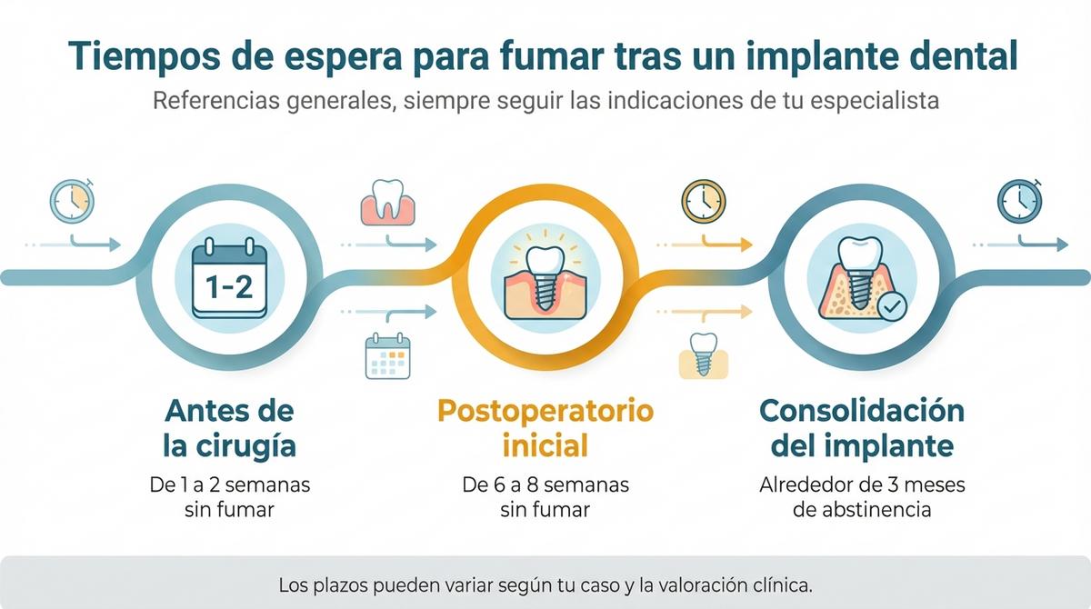 Línea de tiempo con los principales plazos de abstinencia de tabaco antes y después de un implante dental