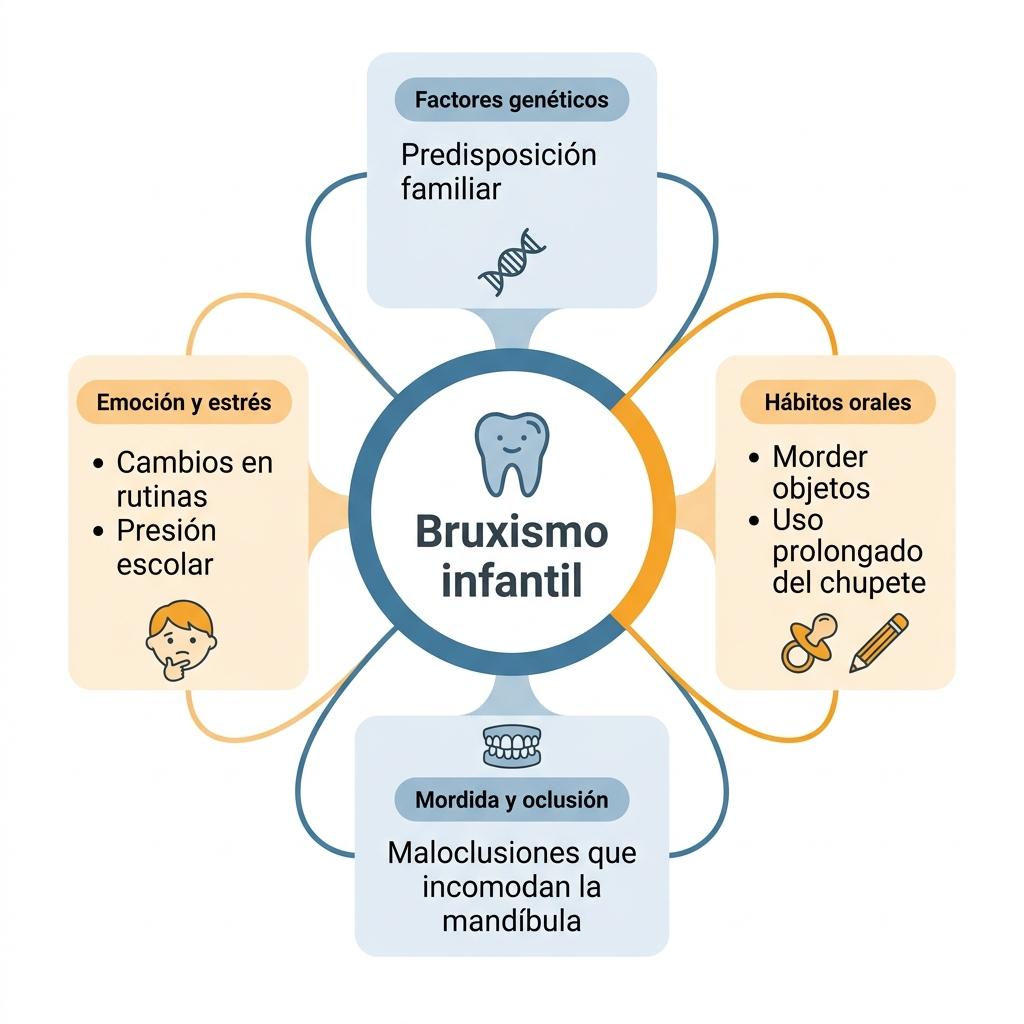 Diagrama que muestra las principales causas del bruxismo infantil agrupadas en cuatro bloques