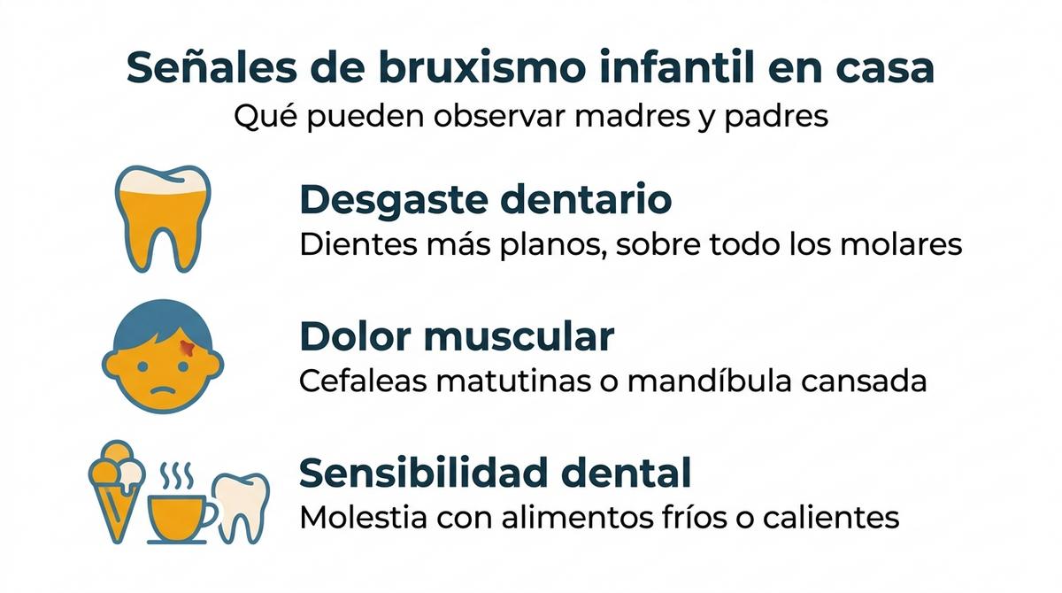 Infografía con las señales principales del bruxismo infantil que pueden detectar los padres