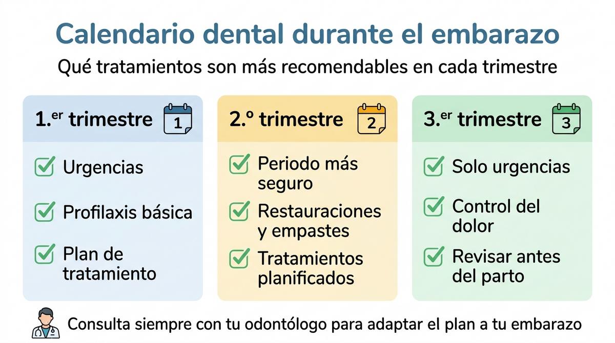 Infografía con un calendario dental por trimestres que indica los tratamientos recomendados durante el embarazo.