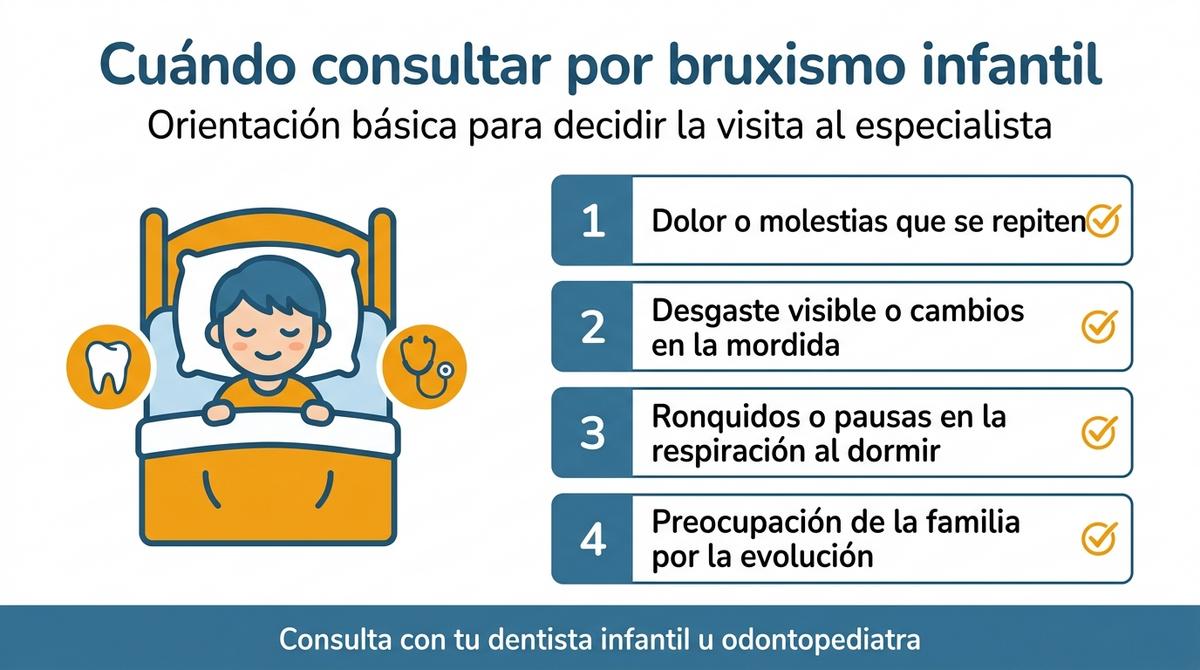 Infografía tipo checklist sobre cuándo acudir al especialista por bruxismo infantil
