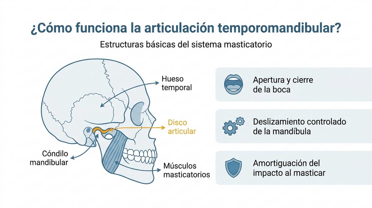 Diagrama anatómico simplificado que muestra la articulación temporomandibular y sus estructuras básicas