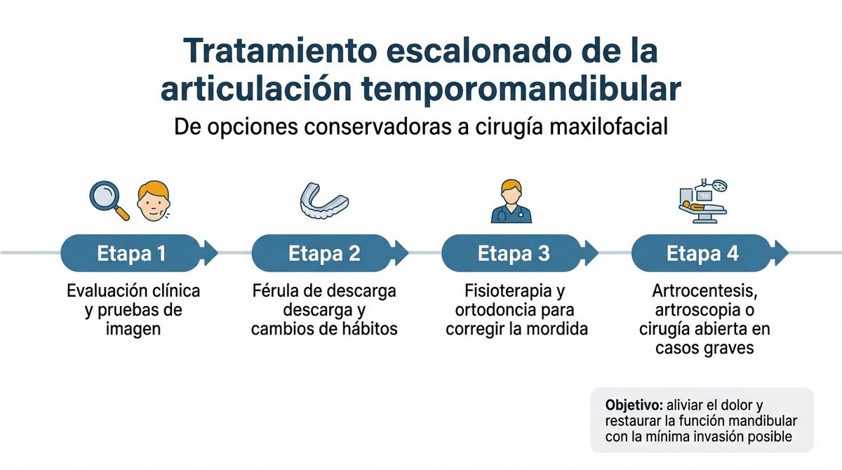 Diagrama que muestra las etapas del tratamiento escalonado para la disfunción de la articulación temporomandibular