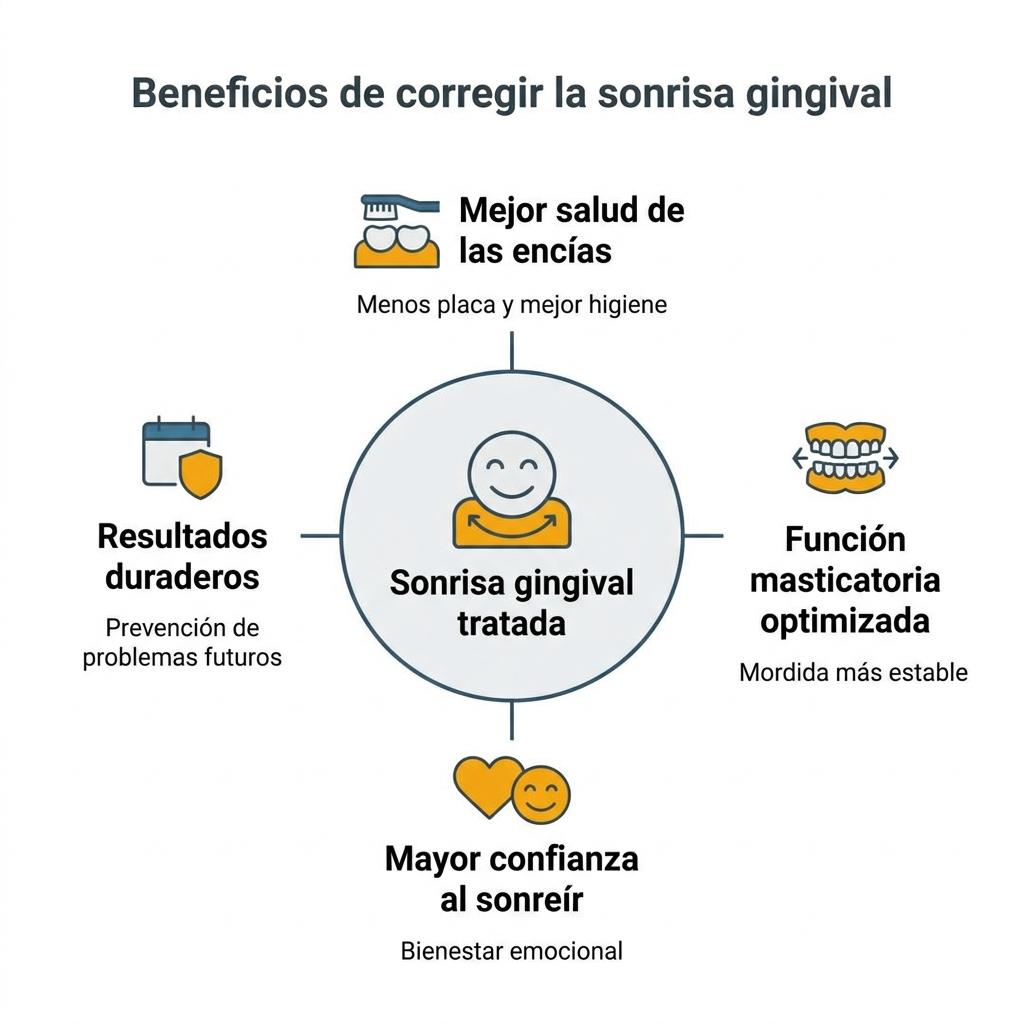 Diagrama que resume los beneficios funcionales y emocionales de tratar la sonrisa gingival.