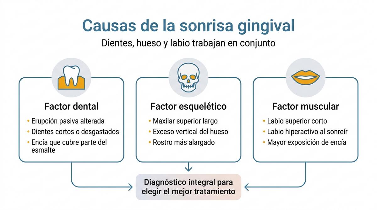 Diagrama que resume los factores dentales, esqueléticos y musculares que causan la sonrisa gingival.