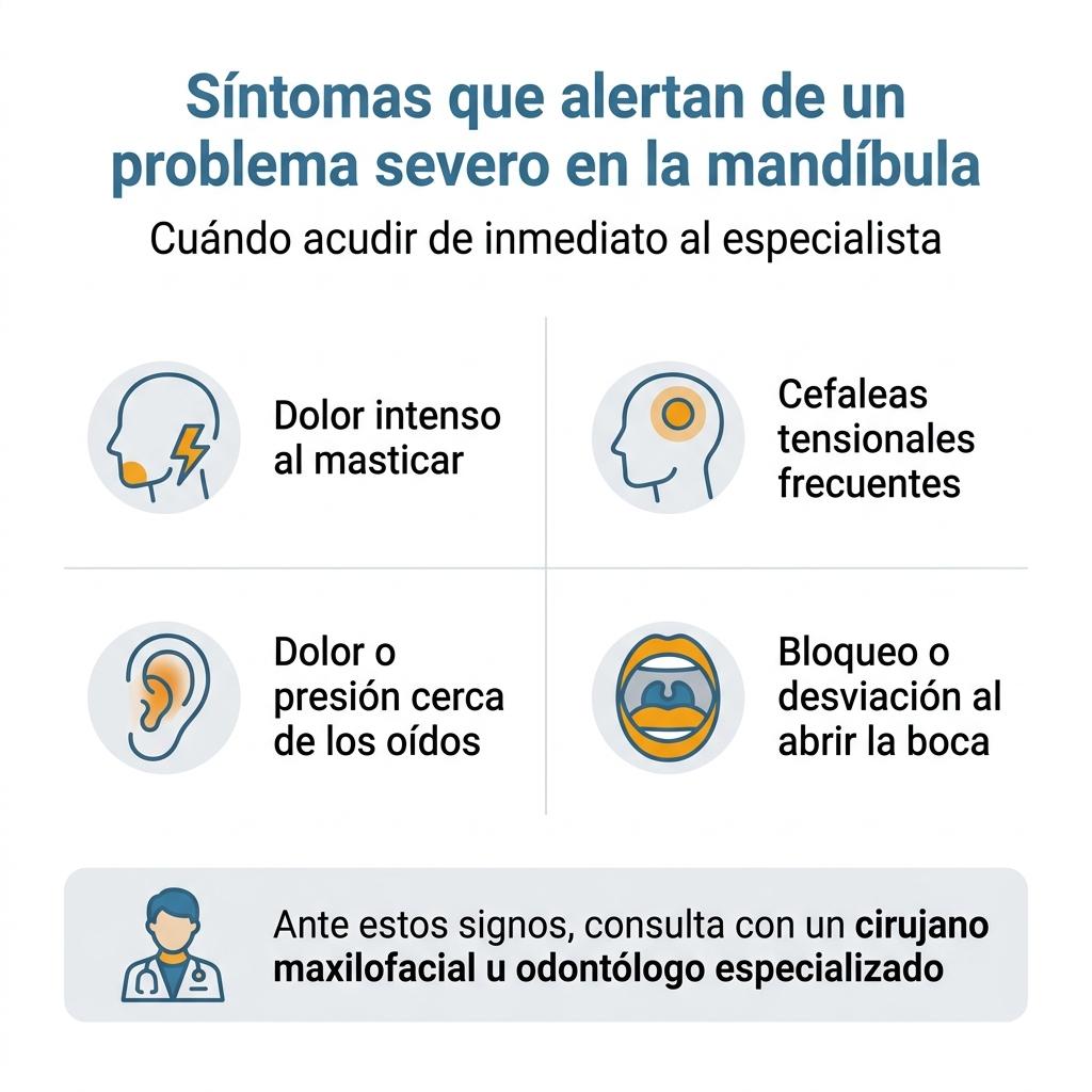 Infografía con iconos que muestran los principales síntomas de alerta de un trastorno severo de la articulación temporomandibular