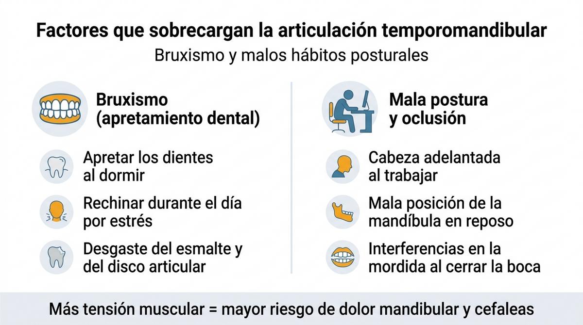 Infografía que compara el bruxismo y los malos hábitos posturales como factores de sobrecarga en la articulación temporomandibular