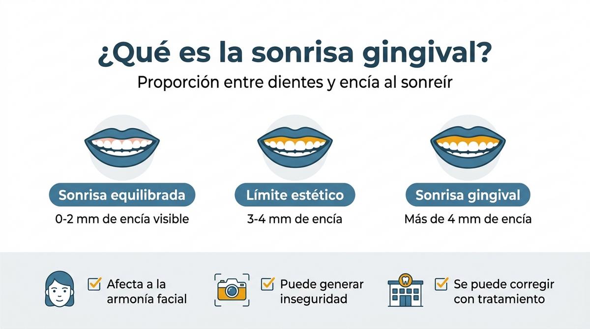 Infografía que define la sonrisa gingival según los milímetros de encía visible al sonreír.