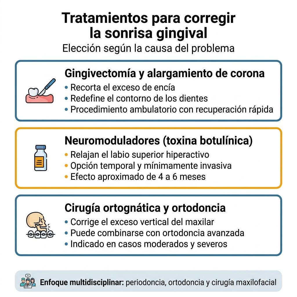 Infografía que muestra los principales tratamientos disponibles para corregir la sonrisa gingival.