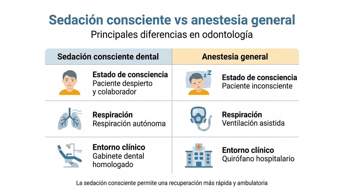 Diagrama comparativo entre sedación consciente dental y anestesia general con sus diferencias principales