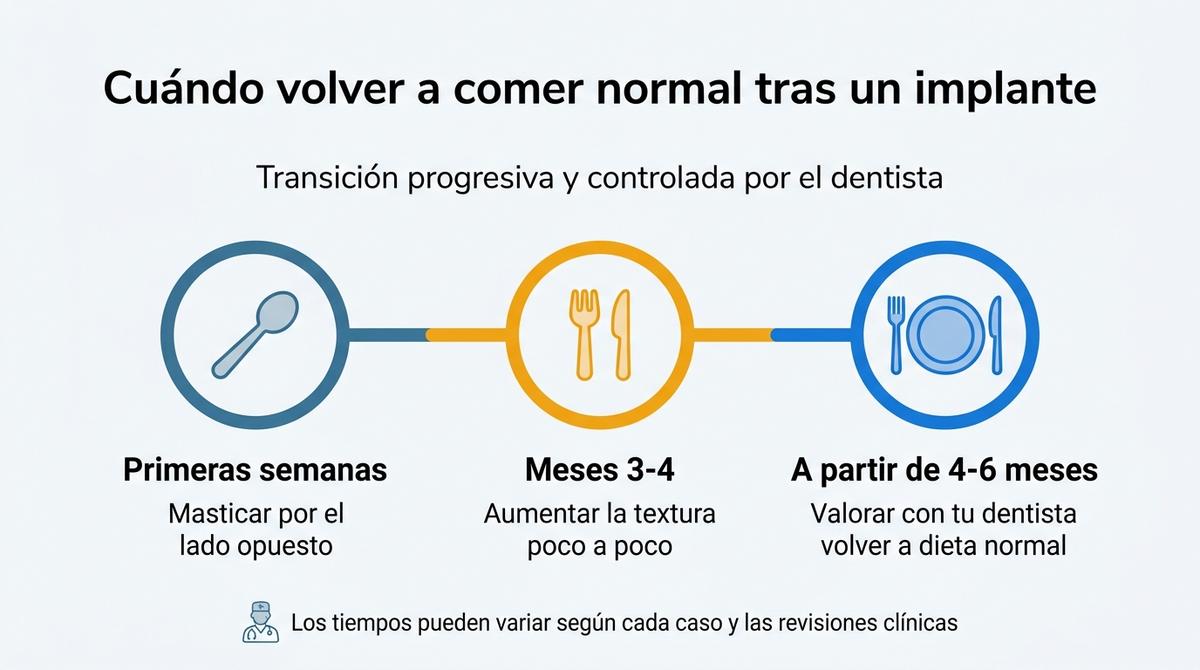 Diagrama en forma de línea de tiempo que muestra las fases para volver a comer normal después de un implante dental.