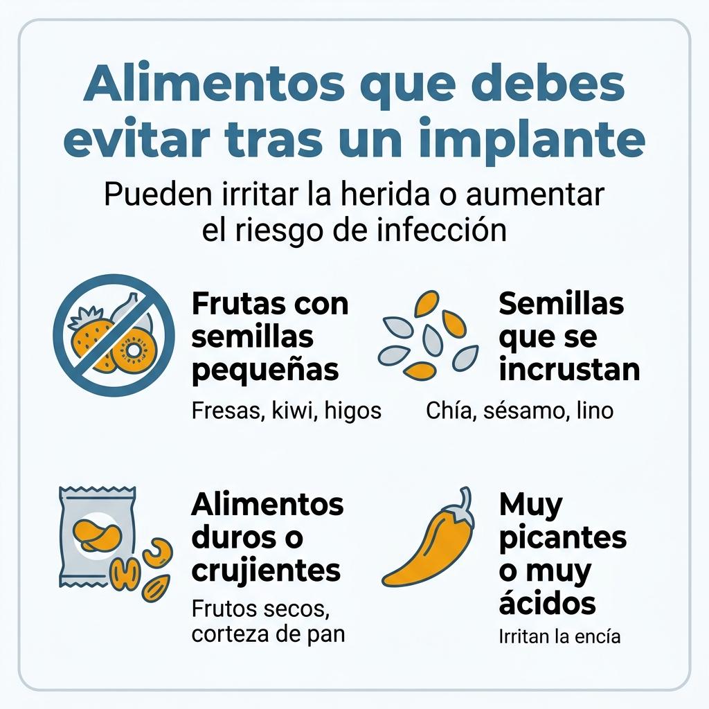 Diagrama en formato checklist con grupos de alimentos prohibidos tras un implante dental y la razón principal para evitarlos.