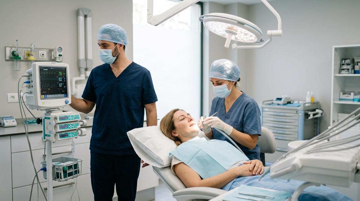 Equipo de cirugía maxilofacial y anestesiólogo atendiendo a un paciente sedado en un quirófano dental moderno