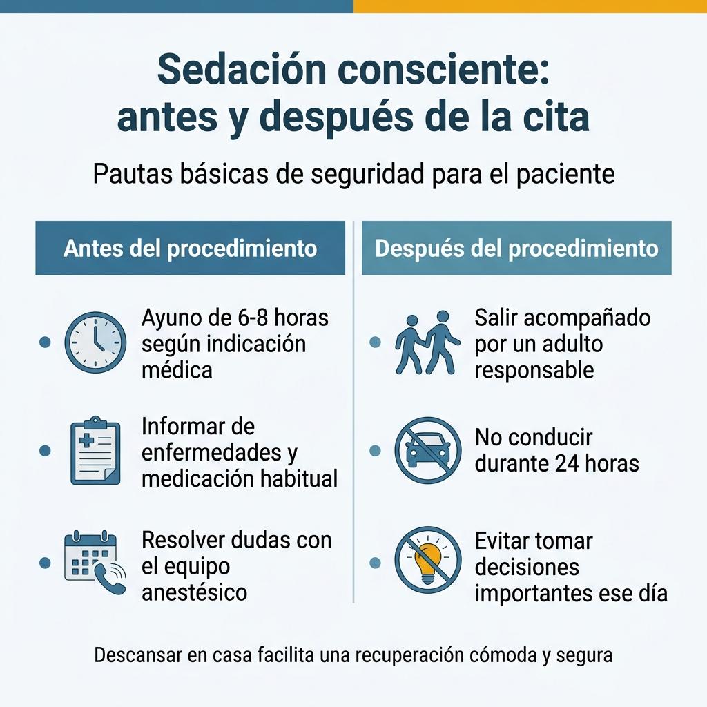 Infografía con las pautas básicas antes y después de una sedación consciente dental